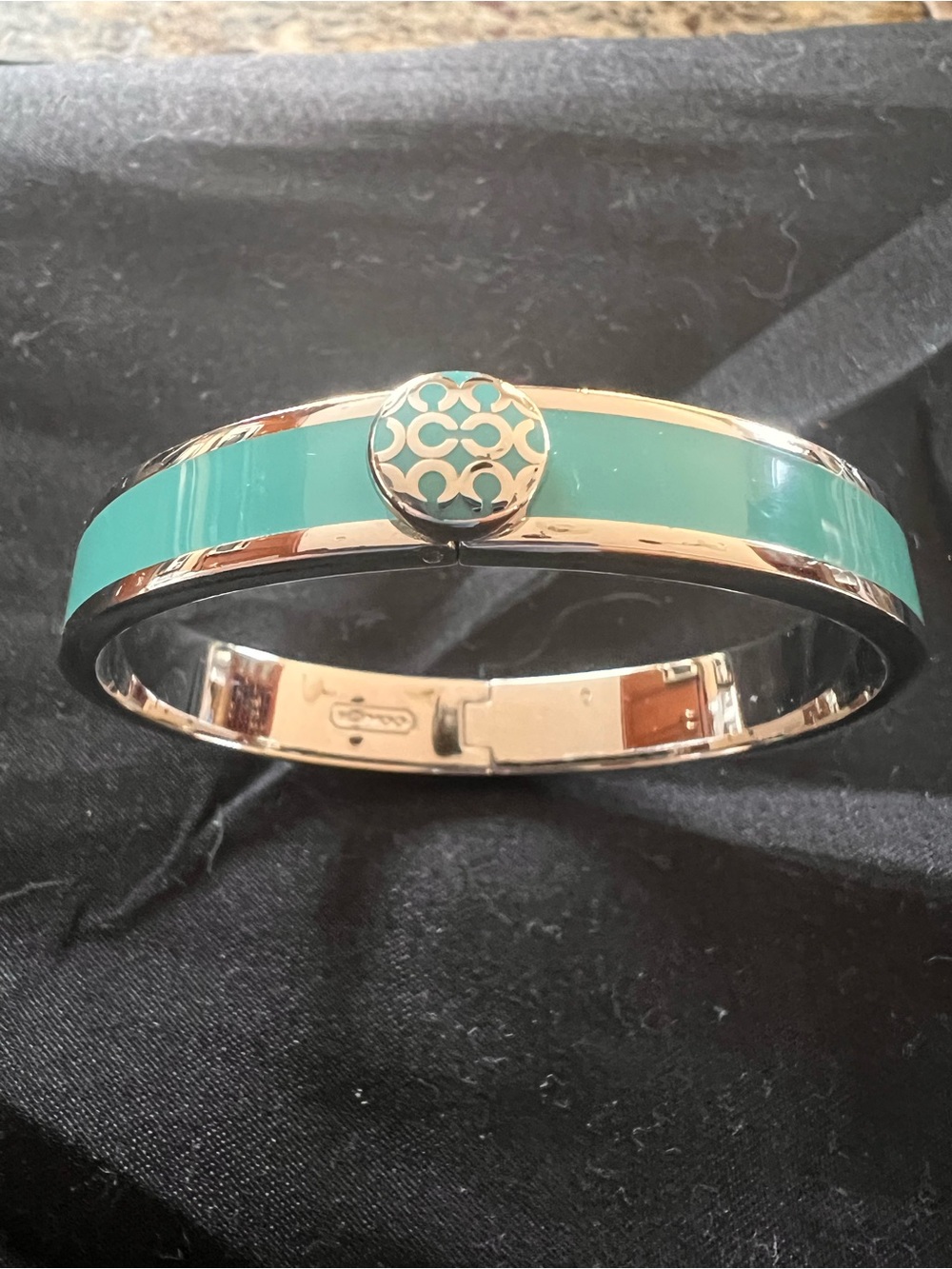 Coach Turquoise Enamel Silver-Tone Hinged Bangle Bracelet